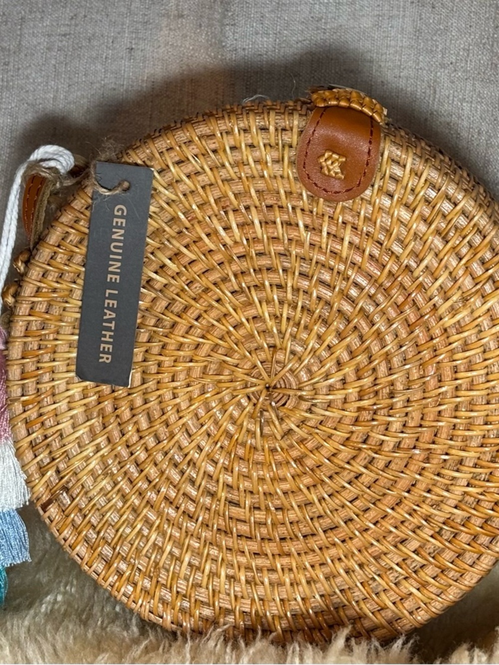 Round Woven Rattan Crossbody Bag in Natural Tan